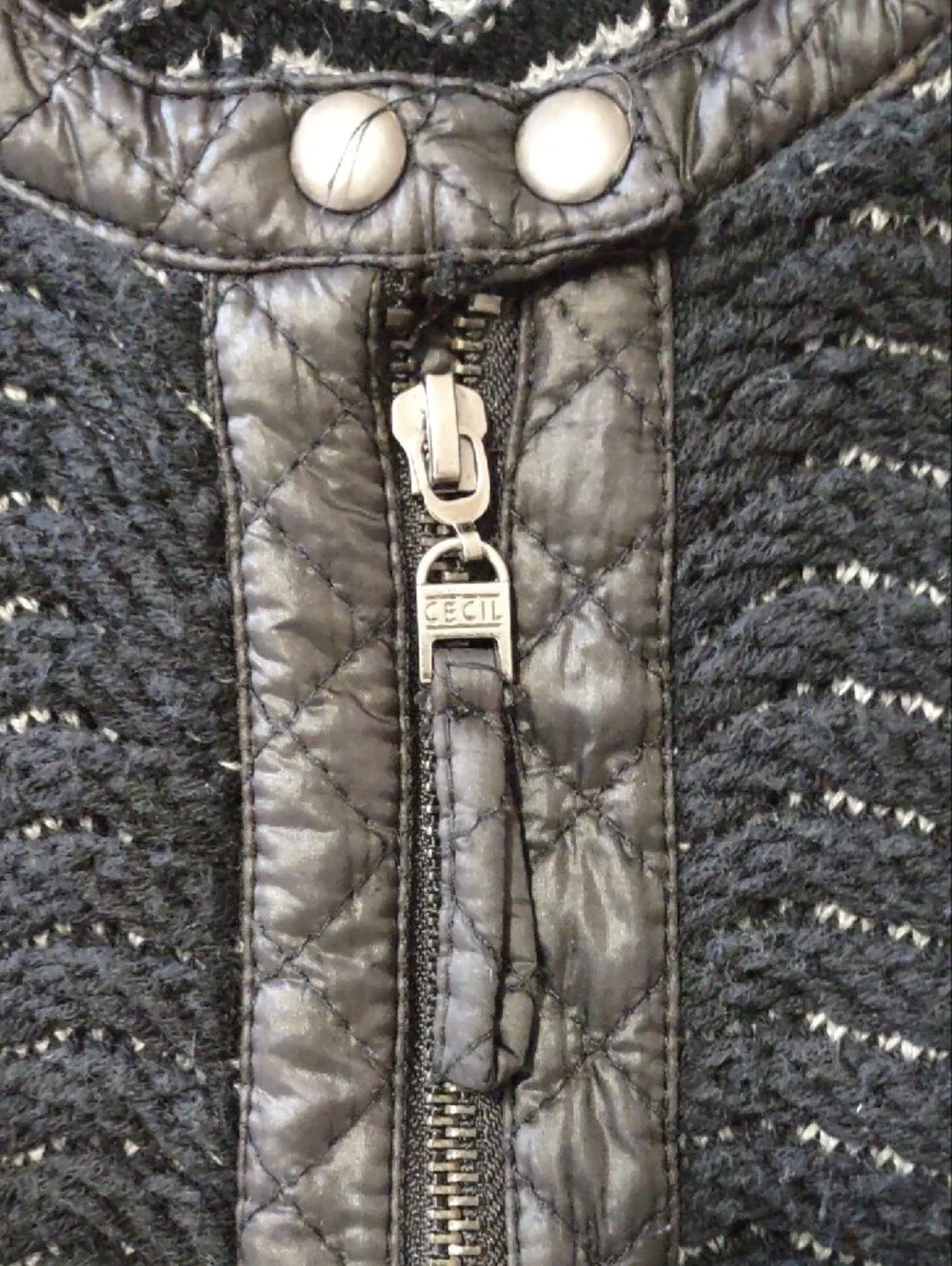 CECIL Black Quilted Trim Knit Zip Front Faux Leather Cardigan. Size Small